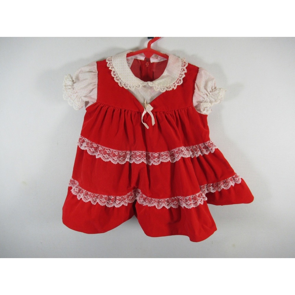Vintage 70s 80s Sears Dress Girls Small Red Velvet Swiss Dot Frilly Short Sleeve